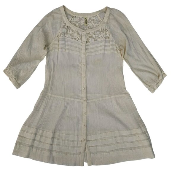 Free People Cream Lace Trim Button Front 3/4 Sleeve Tunic Dress Women's Small - Picture 2 of 14
